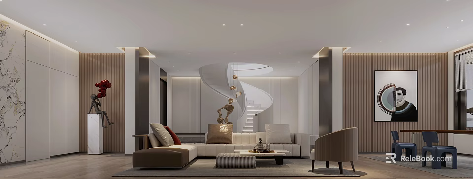 Modern Leisure Area With Spiral Staircase Comfortable Sofa Coffee Table And Decorative Accents 3d model 