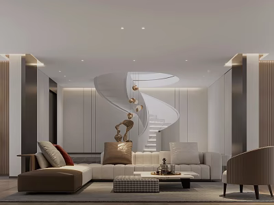Modern Leisure Area With Spiral Staircase Comfortable Sofa Coffee Table And Decorative Accents 3d model