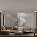 Modern Leisure Area With Spiral Staircase Comfortable Sofa Coffee Table And Decorative Accents