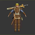 Man Wearing Brown Armor and Yellow Helmet With Golden Red Robot Holding Sword