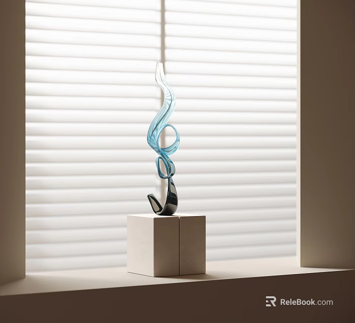 Curved Blue Glass Sculpture with Twisted Form on White Cube Base by Window Blinds 3d model 