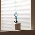 Curved Blue Glass Sculpture with Twisted Form on White Cube Base by Window Blinds