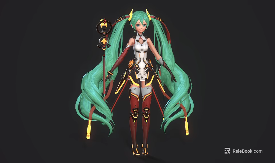 Game Movie Character with Green Long Hair Twin Ponytails Yellow Horns White Red Outfit and Star Staff 3d model 
