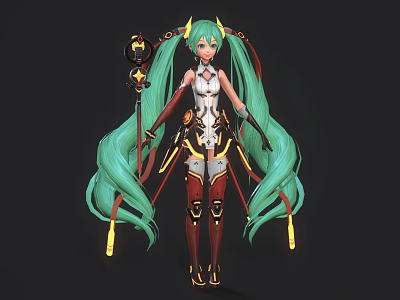 Game Movie Character with Green Long Hair Twin Ponytails Yellow Horns White Red Outfit and Star Staff 3d model