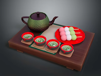 Japanese Tea Serving Set With Green Teapot Matcha Cups Colorful Dango Skewers On Wooden Tray 3d model