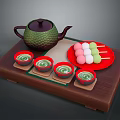 Japanese Tea Serving Set With Green Teapot Matcha Cups Colorful Dango Skewers On Wooden Tray