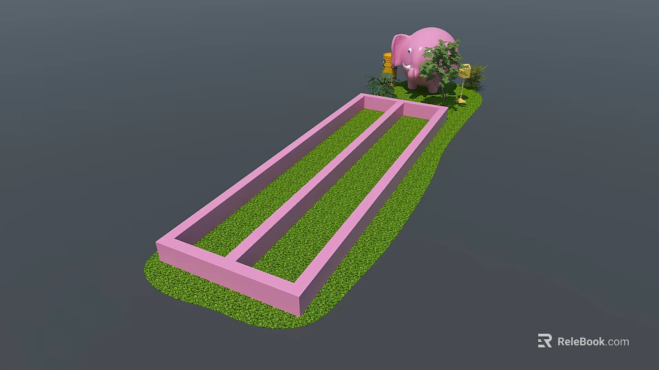 Pink Elephant Sculpture With Long Pink Frame Green Grass Small Plants And Yellow Object 3d model 