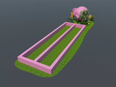 Pink Elephant Sculpture With Long Pink Frame Green Grass Small Plants And Yellow Object 3d model