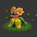 Orange Character In Flower Dress Standing On Green Grass With Small Yellow Flowers
