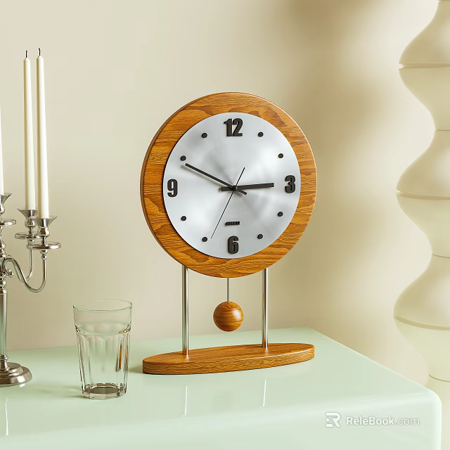 Classic Wooden Mantel Clock with Round Dial and Hanging Pendulum on Tabletop 3d model 