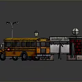 Yellow School Bus In School Scene With Building Street Lamp Trash Bin And Basketball Hoop