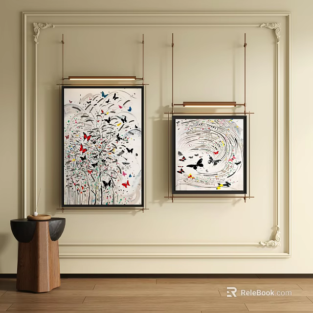 Vibrant Framed Landscape Paintings With Birds Trees And Circular Patterns On Wall 3d model 