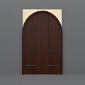 Rustic Dark Brown Wooden Barn Door With Arched Top And Metal Hardware Details