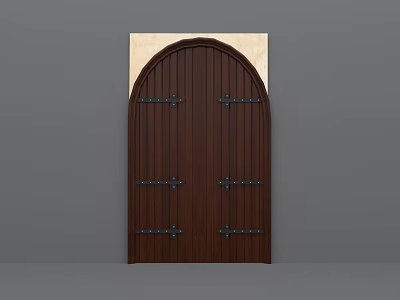 Rustic Dark Brown Wooden Barn Door With Arched Top And Metal Hardware Details 3d model