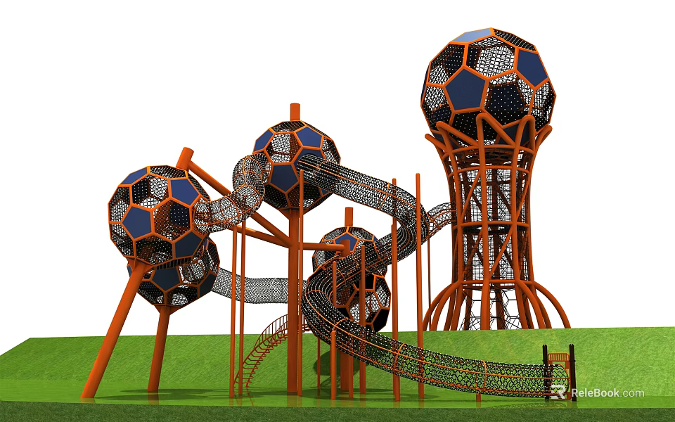Colorful Football Shaped Playground Equipment with Slides Climbing Nets and Orange Frames on Green Lawn 3d model 