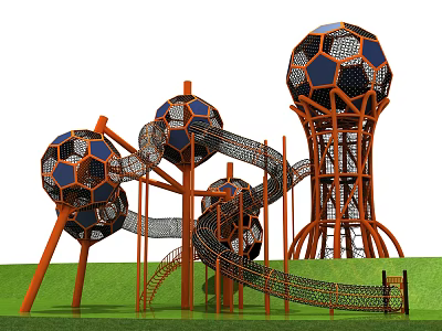 Colorful Football Shaped Playground Equipment with Slides Climbing Nets and Orange Frames on Green Lawn 3d model