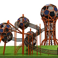 Colorful Football Shaped Playground Equipment with Slides Climbing Nets and Orange Frames on Green Lawn