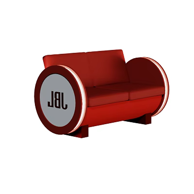 Red Two Seater Sofa with Circular Armrests Grey Panels JBL Logo and White Trim 3d model