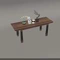 Wooden Dining Table Featuring White Vase Flowers Statue Black Pot And Small Tree