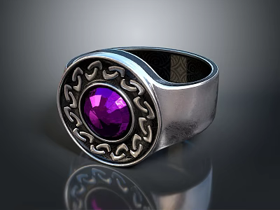 Silver Ring With Purple Gemstone And Patterned Design Jewelry Accessory 3d model