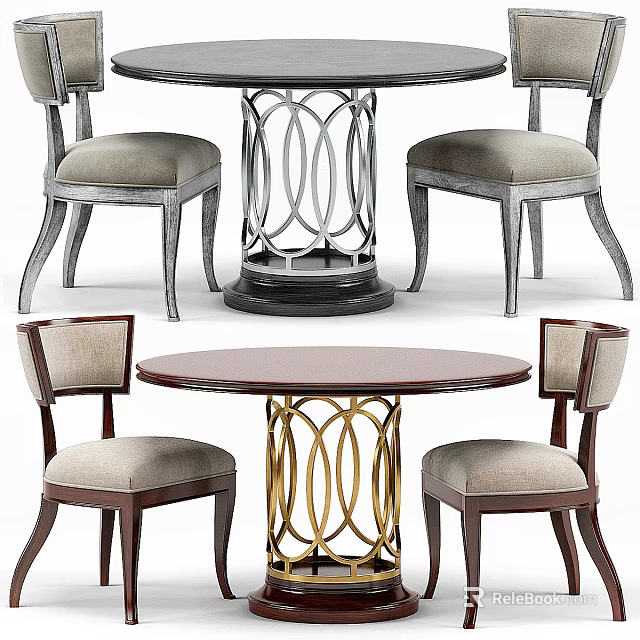 Elegant Modern Table And Chair Set With Round Tabletop And Decorative Metal Frame 3d model 