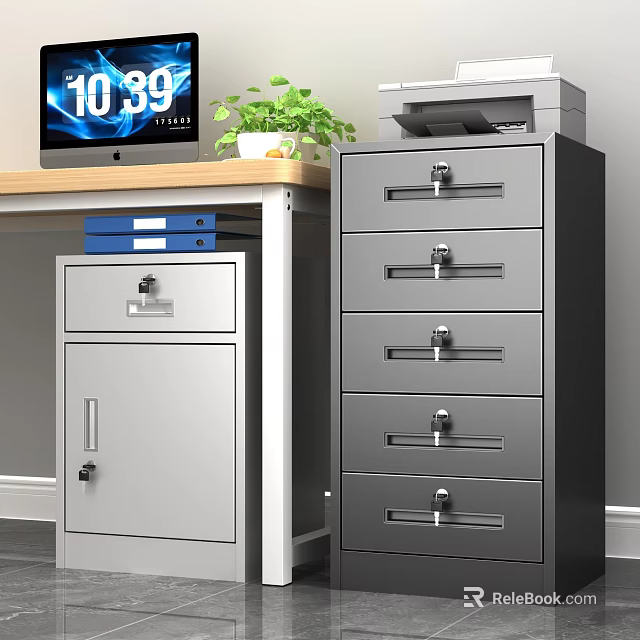 Metal File Cabinets with Lockable Drawers in Office Desk Setup with Monitor Printer and Folders 3d model 