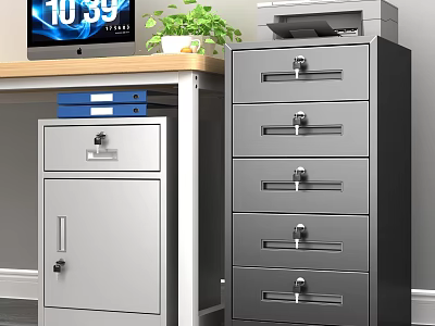 Metal File Cabinets with Lockable Drawers in Office Desk Setup with Monitor Printer and Folders 3d model