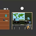 Classroom Desk Setup With Laptop Globe Blackboard Clock Wooden Shelf Colorful Bulletin Boards