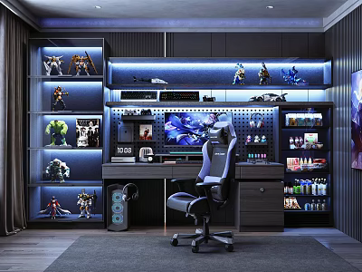 Gaming Study Room With Ergonomic Chair Figurine Shelves And Illuminated Cabinets 3d model