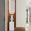 Modern Entryway Hallway With Gray Door Wooden Accents Circular Orange Backdrop And Pendant Light