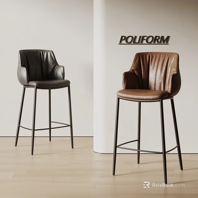 Modern Leather Bar Stools with Armrests Black and Brown Metal Frame Design 3d model