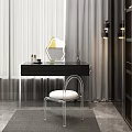 Modern Black Dressing Table Interior With Transparent Chair White Cushion Decorative Mirror And Cosmetic Bottles