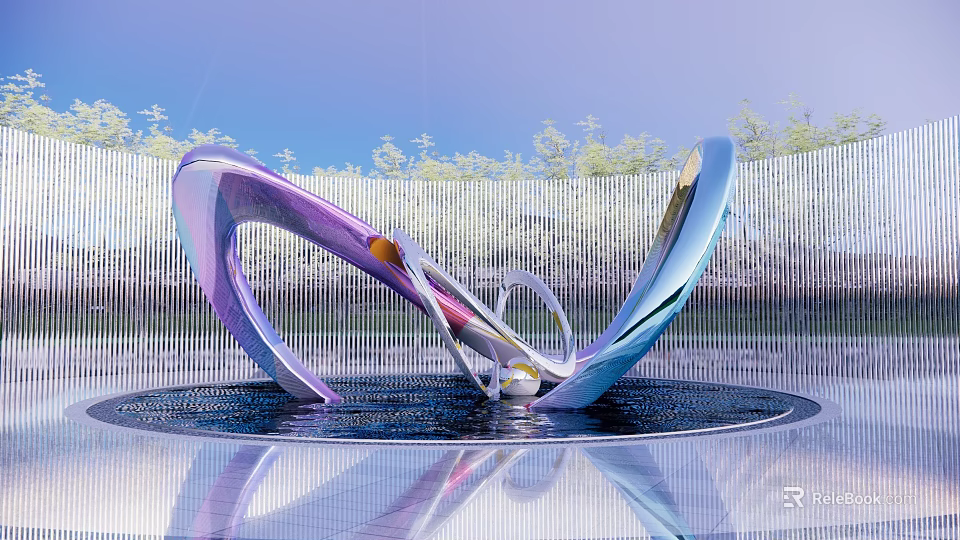 Modern Metallic Sculpture Featuring Purple Blue Curves On Circular Platform With Greenery 3d model 
