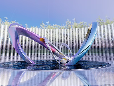 Modern Metallic Sculpture Featuring Purple Blue Curves On Circular Platform With Greenery 3d model