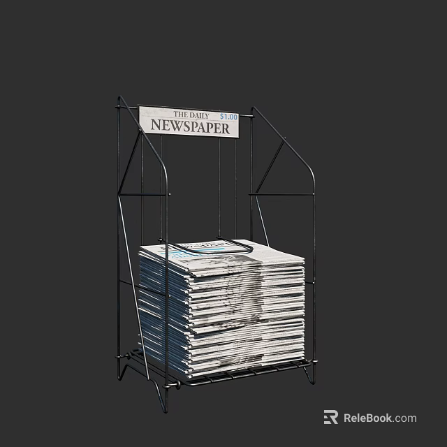 Sturdy Metal Newspaper Rack With Stack Of Organized Newspapers And Clear Sign Against Gray Background 3d model 