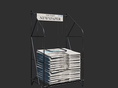 Sturdy Metal Newspaper Rack With Stack Of Organized Newspapers And Clear Sign Against Gray Background 3d model