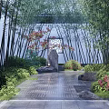 Tranquil Garden Landscape Featuring Bamboo Grove Stone Pathway Rock Formations And Green Plants