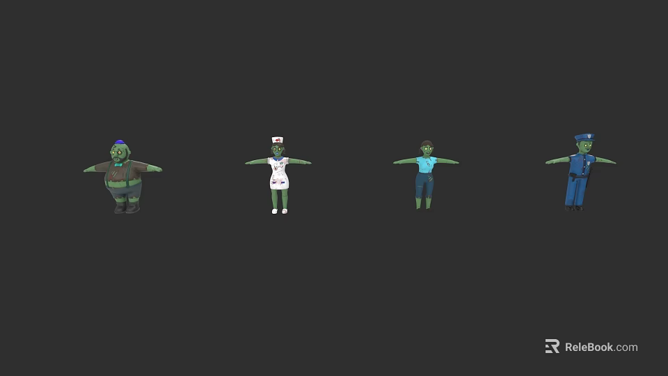 Colorful Game and Movie Characters With Green Skin Nurse Uniform Blue Outfit And Hat 3d model 