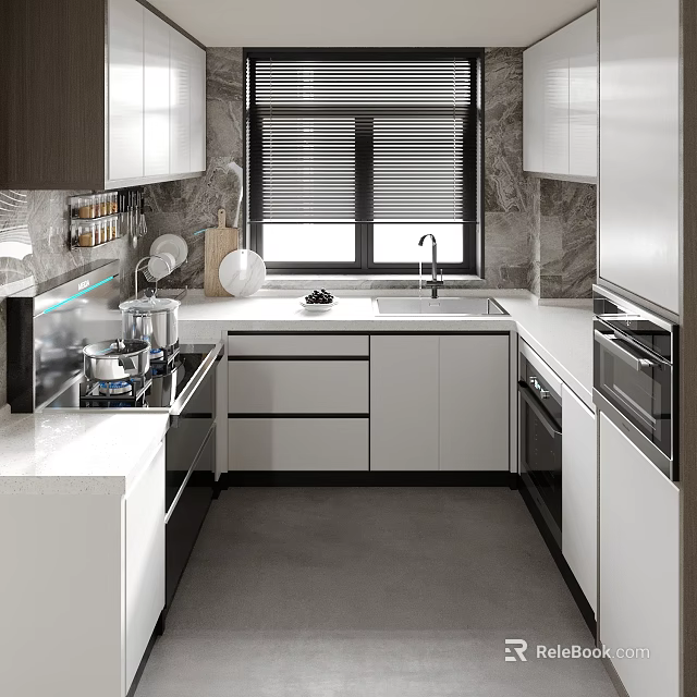 Bright Modern U Shaped Kitchen With Sleek White Cabinets And Full Built In Home Appliances 3d model 