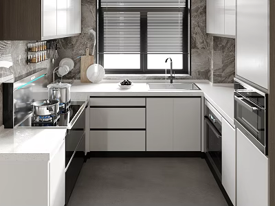 Bright Modern U Shaped Kitchen With Sleek White Cabinets And Full Built In Home Appliances 3d model