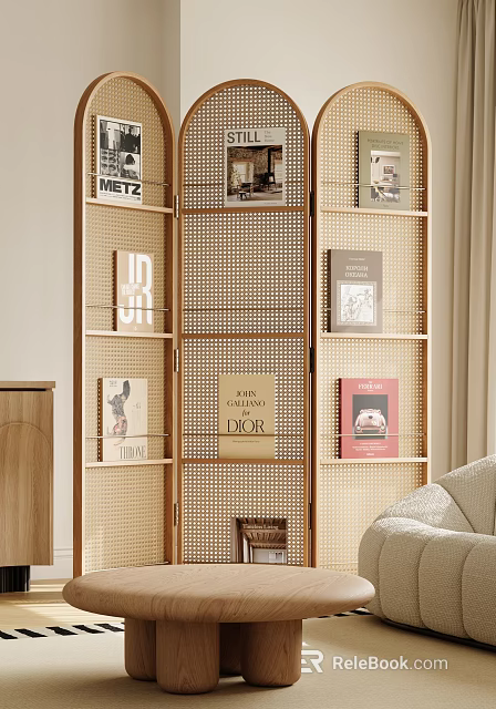 Wooden Perforated Screen With Books In Modern Interior 3d model 