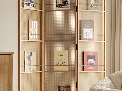 Wooden Perforated Screen With Books In Modern Interior 3d model