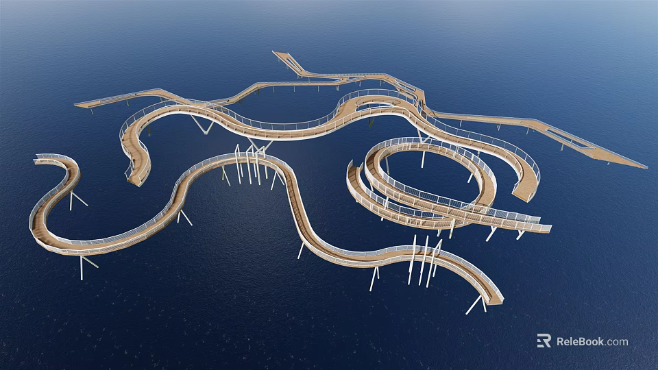 Modern Curved Wooden Bridge Over Water With Winding Paths And Support Structures 3d model