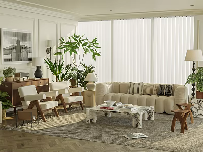 Modern Living Room With Beige Sofa Chairs Marble Coffee Table Green Plants And Large Windows 3d model