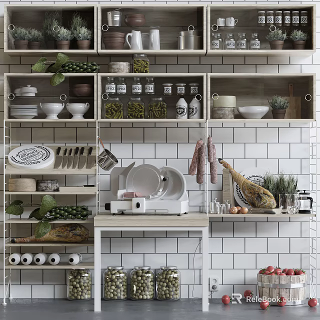 Functional Kitchen Interior With Organized Shelves Bowls Plates Mugs And Cooking Tools 3d model