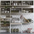 Functional Kitchen Interior With Organized Shelves Bowls Plates Mugs And Cooking Tools 3d model