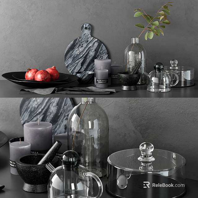 Modern Kitchenware Display With Stone Cutting Board Glass Jars Mortar And Decorative Pomegranates 3d model 