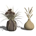 Brown Round Shaped And Beige Gourd Shaped Vases With Dried Flowers Wheat Stems And Grasses