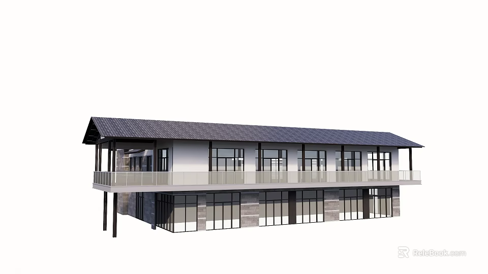 Two Story Guesthouse Building With Dark Roof Large Windows And Balcony 3d model 