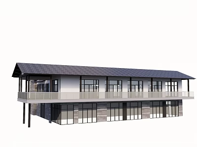 Two Story Guesthouse Building With Dark Roof Large Windows And Balcony 3d model